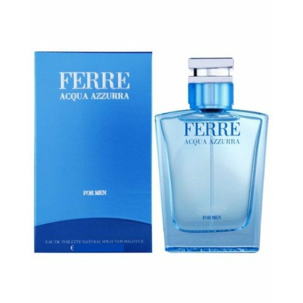 Blauwe transparante fles en doos. Opschrift: FERRÉ ACQUA AZZURRA. Voor heren. Vierkante vorm. Lichtblauwe inhoud. Beige-zilveren sluiting.