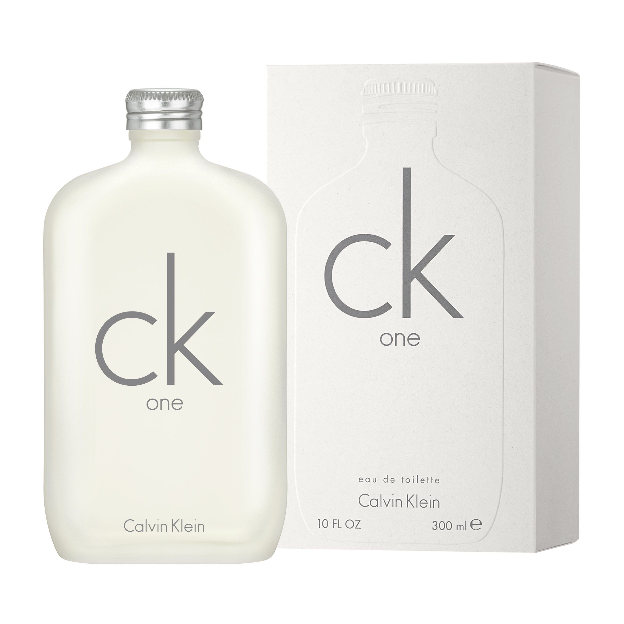 Fles en verpakking van Calvin Klein One Eau de Toilette. Fles met zilveren dop, wit etiket met logo. Verpakking met logo.