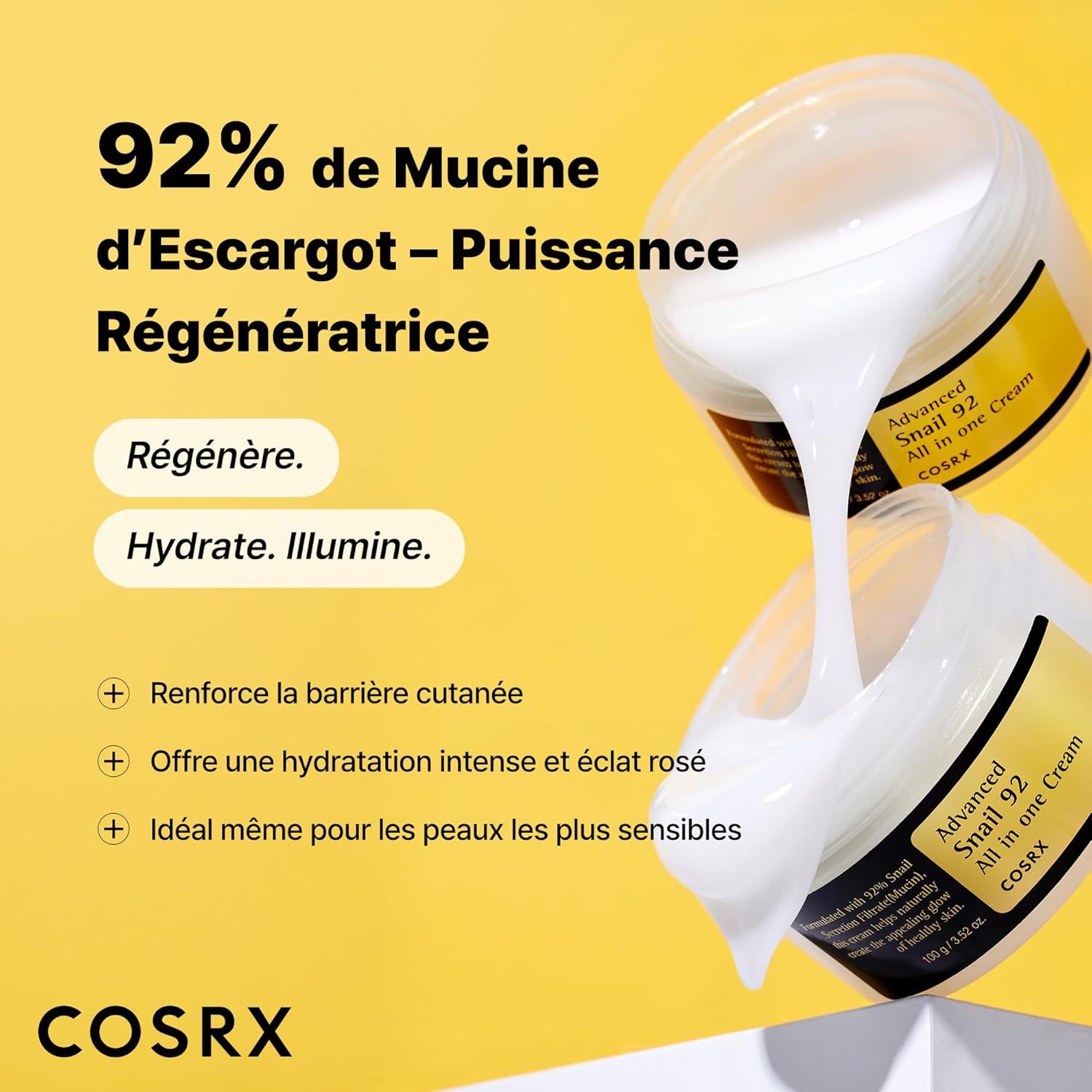 Deux pots de crème d'escargot COSRX, l'un dégoulinant, avec texte sur 92% de mucine d'escargot.