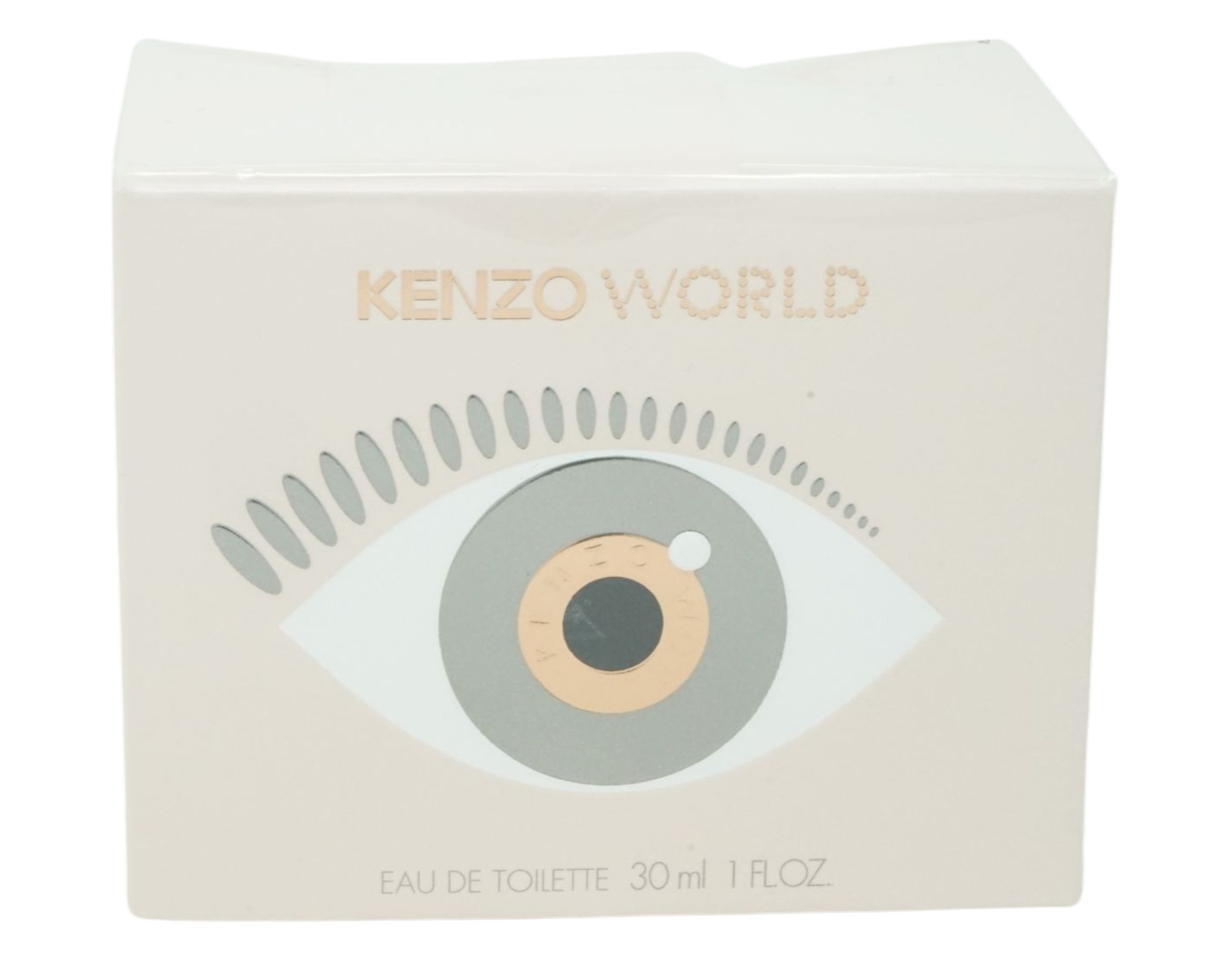 Kenzo World Eau de Toilette. Boîte rectangulaire avec motif oeil et texte. Inscription: Eau de Toilette, 30 ml, 1 FL.OZ.