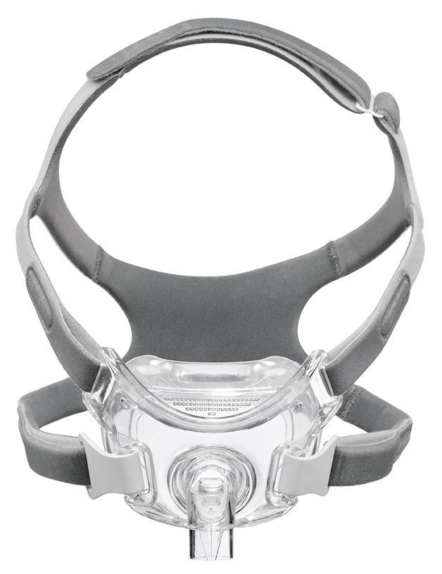 Masque facial complet Philips CPAP Amara View, transparent avec bandeau gris et clips.