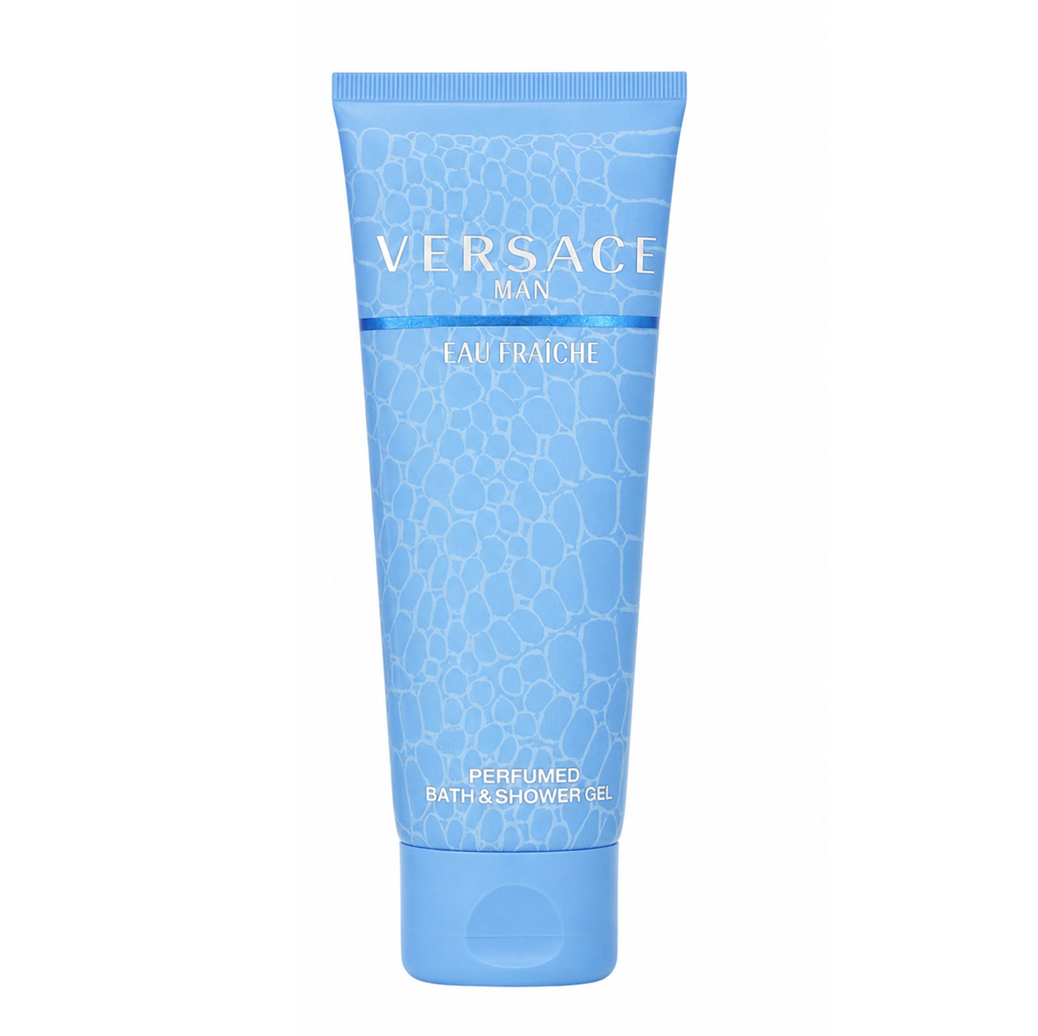 Versace Man Eau Fraiche douchegel in een blauwe tube met krokodillenleerpatroon.