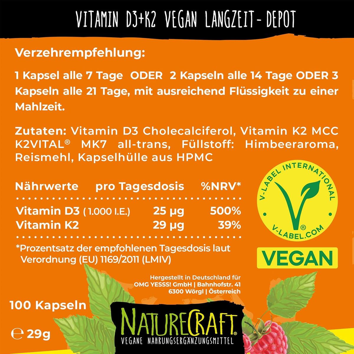 Texte : Recommandations, ingrédients, valeurs nutritionnelles, label végan. 100 gélules, 29g. NatureCraft. Fabriqué en Allemagne. Vitamine D3, Vitamine K2.