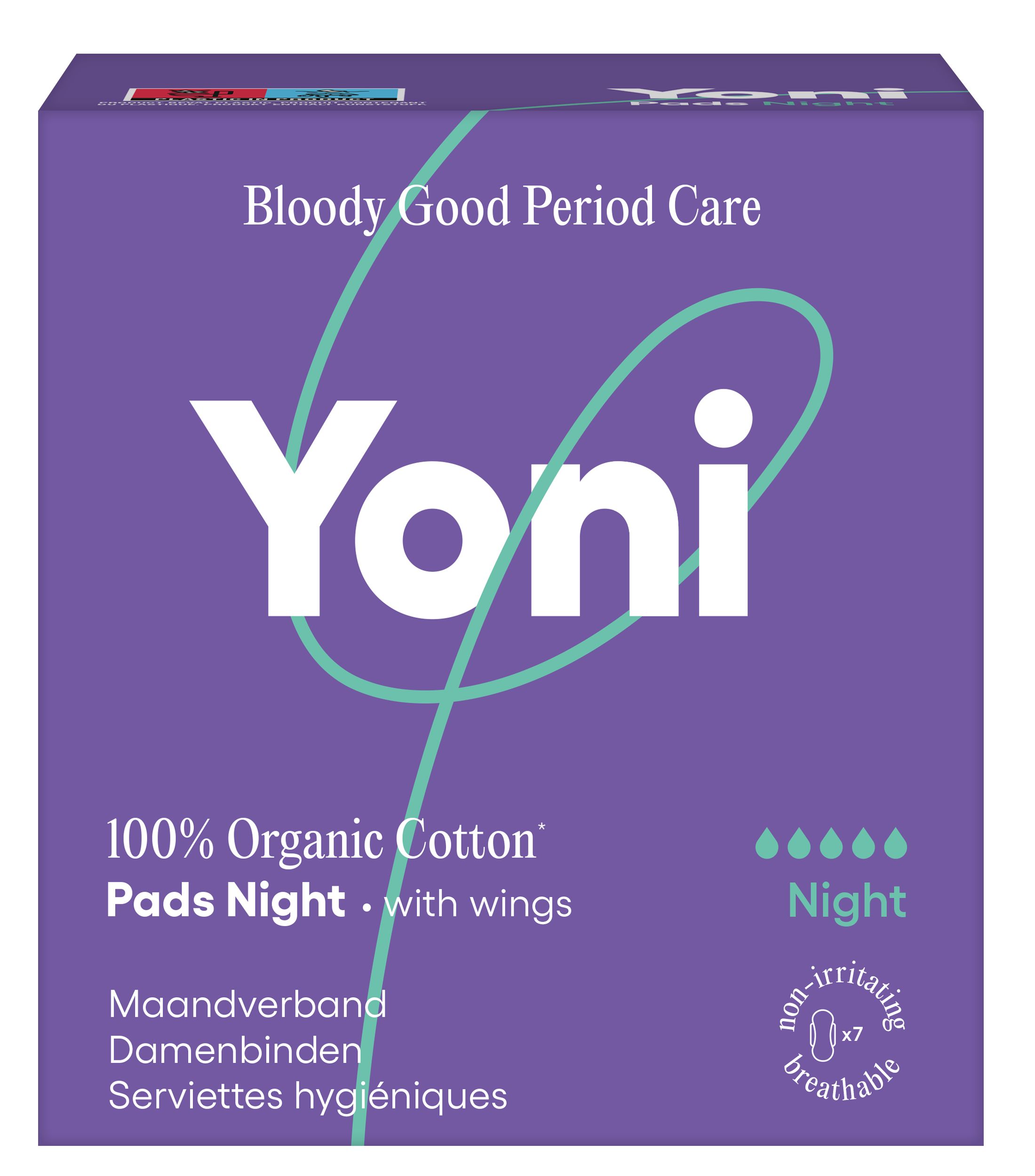 Yoni maandverband Nacht met vleugels, 100% biologisch katoen, 7 stuks.
