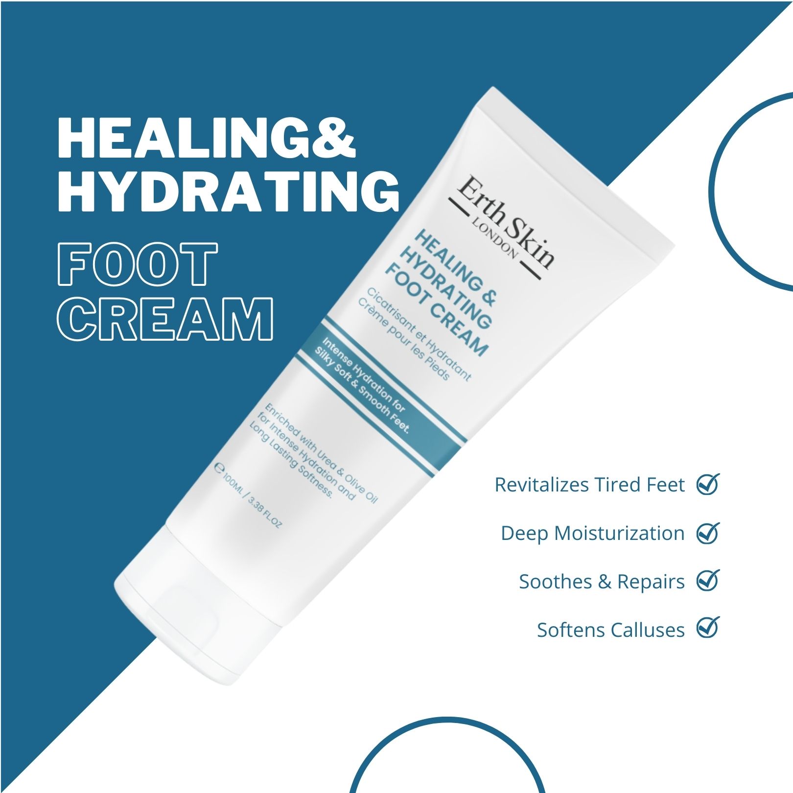 Erth Skin London voetcrèmetube, schuin. Tekst: Healing & Hydrating Foot Cream. Blauwe elementen en vinkjes.