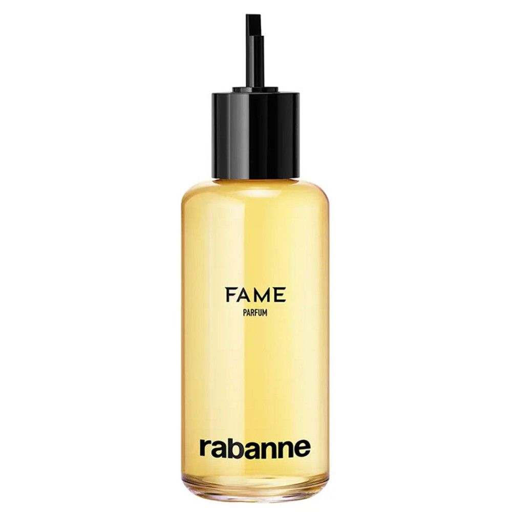 Flacon jaune avec bouchon noir. Inscription "FAME" et "rabanne".