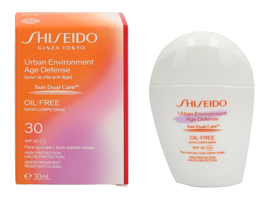 Emballage et flacon. Shiseido Urban Environment Age Defense, SPF 30. Design orange et blanc. Texte : Oil-Free, Sun Dual Care, 30 ml.