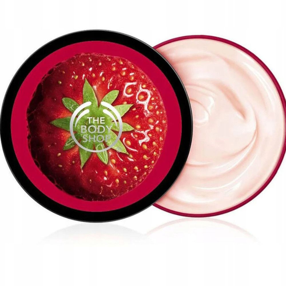 Pot rond avec couvercle rouge et motif fraise. À côté, pot de crème rose. Logo: The Body Shop.