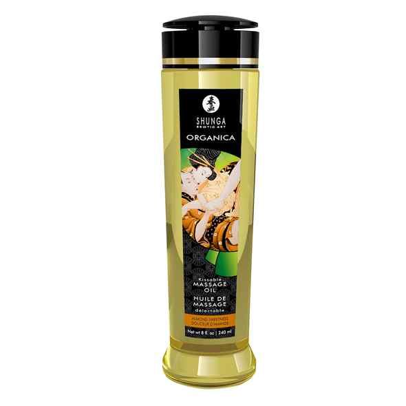 Bouteille d'huile de massage Shunga Organica avec étiquette et bouchon noir.