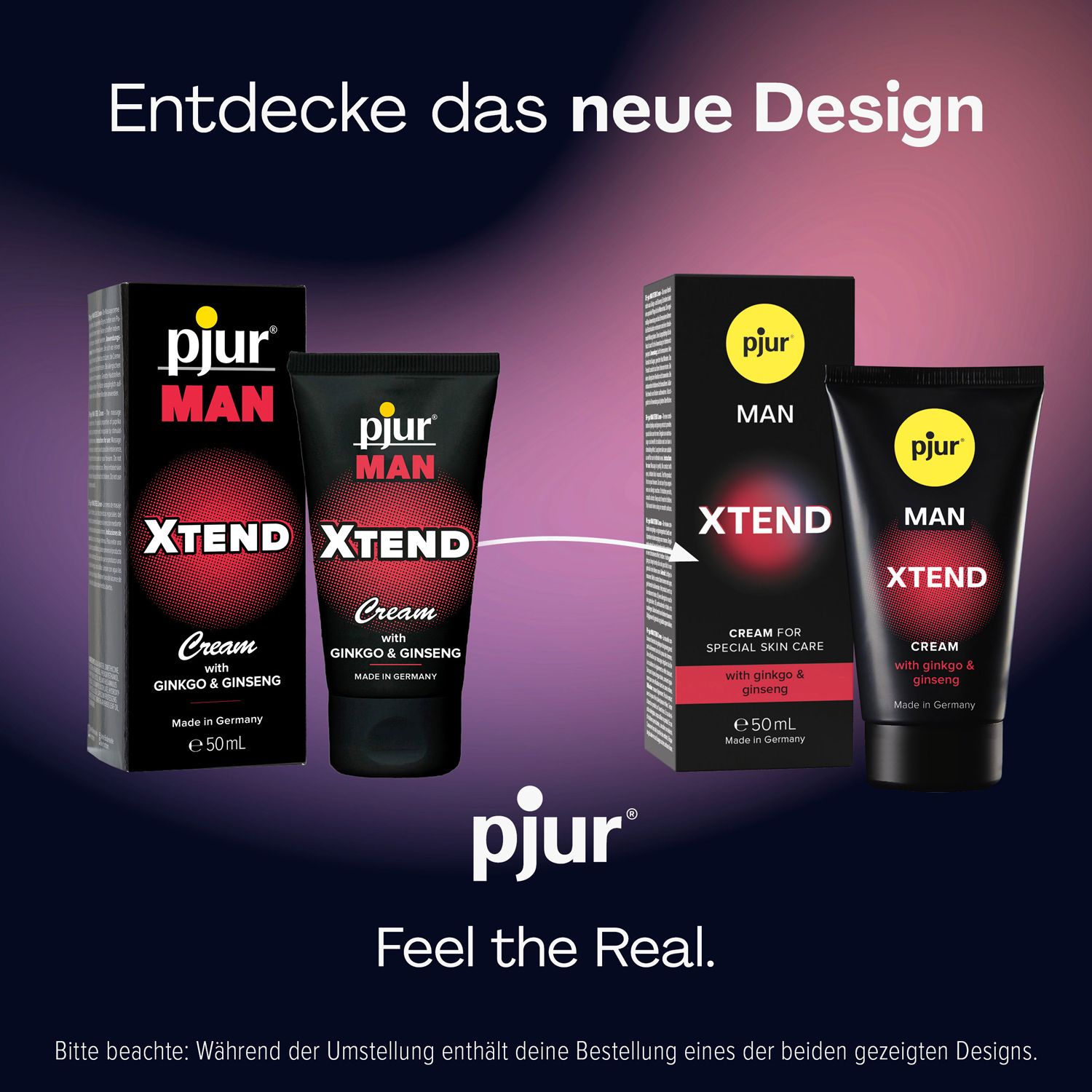 Vergelijking van pjur® MAN Xtend Cream verpakkingen en tubes.