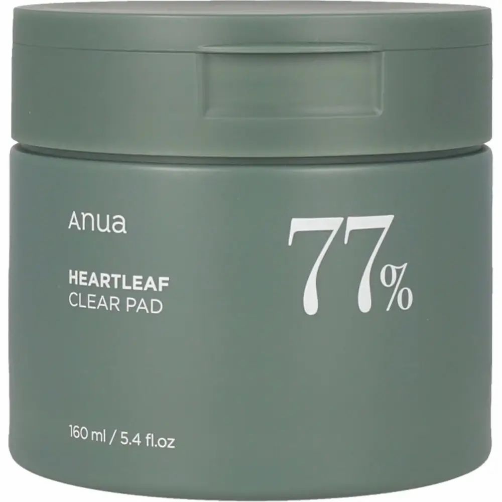 Groene pot met deksel. Opschrift: Anua, HEARTLEAF CLEAR PAD, 77%.