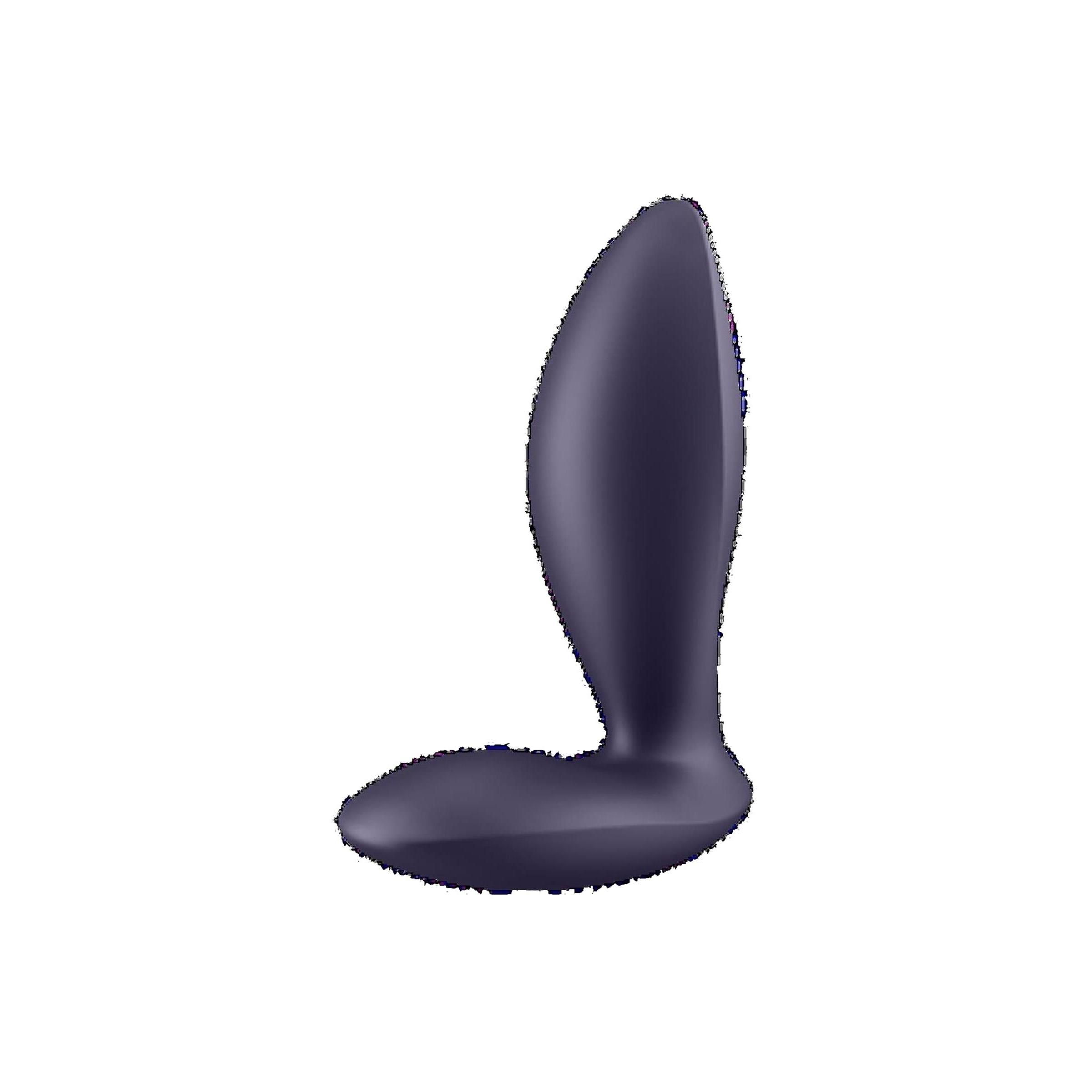 Vibrateur anal violet foncé de forme incurvée avec une base large.