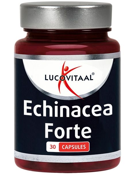 Bruine fles met zilveren dop. Opschrift: Echinacea Forte. Bevat 30 capsules. Merk: Lucovitaal.