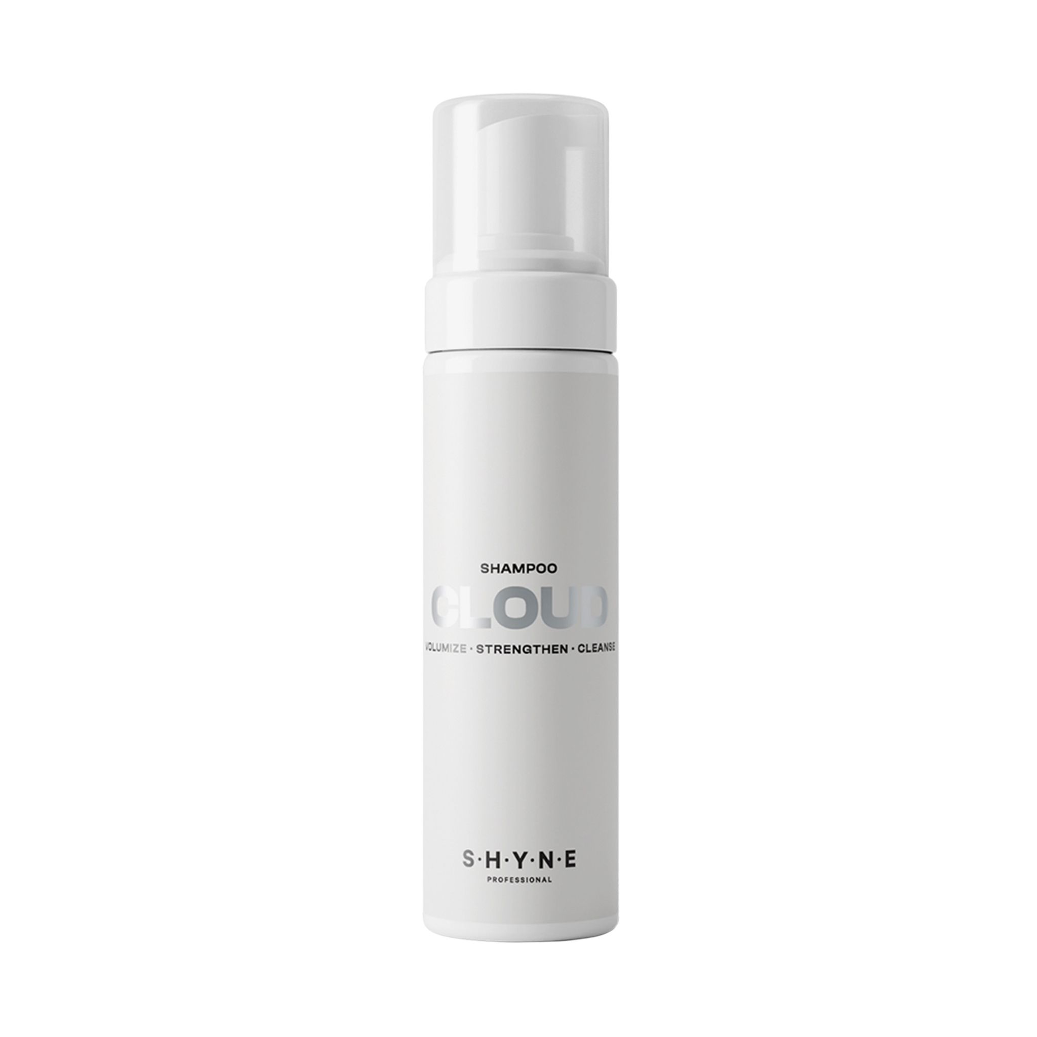 Witte fles met pomp. Tekst: SHAMPOO CLOUD, VOLUMIZE, STRENGTHEN, CLEANSE. SHYNE logo.