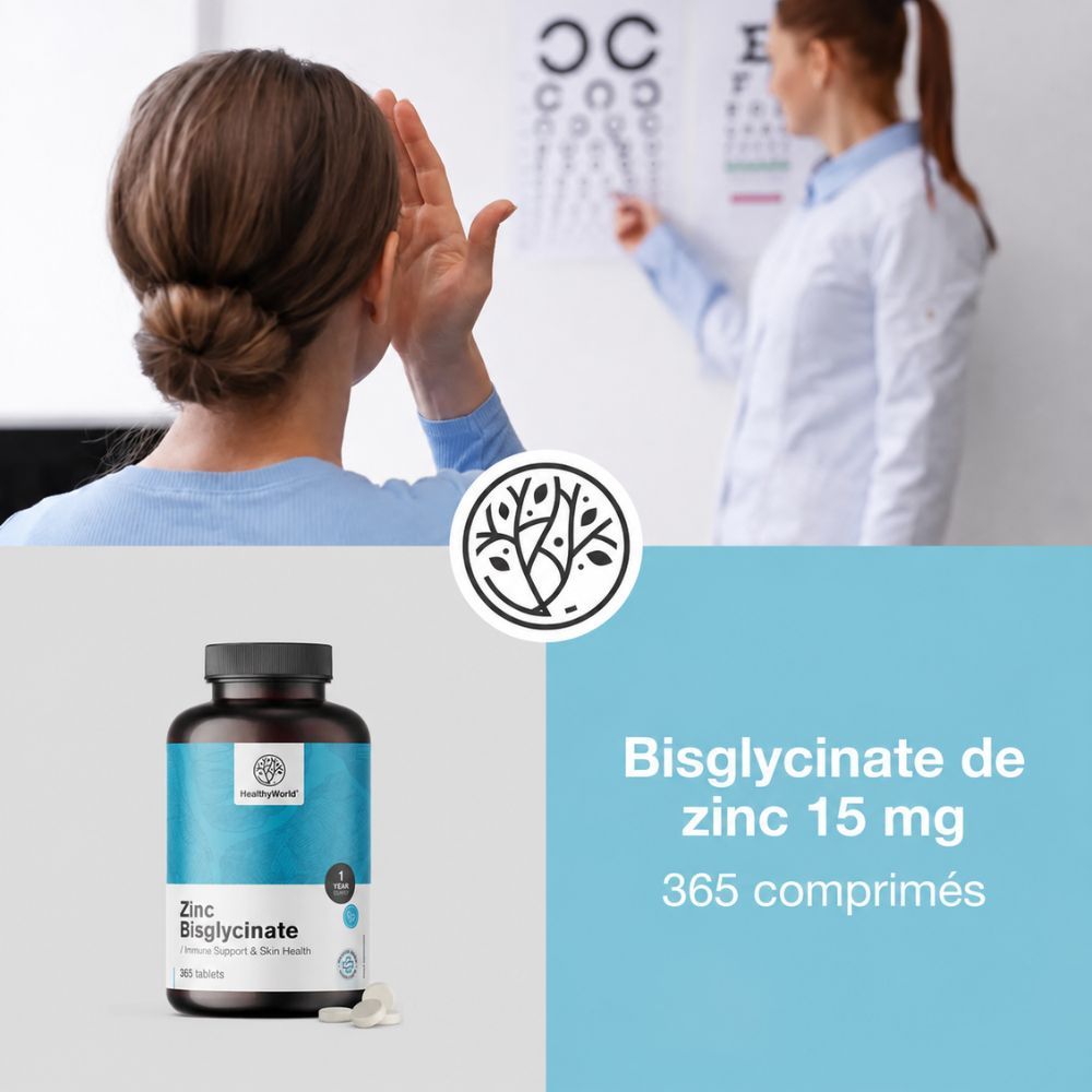 Bouteille de Zinc Bisglycinate 15 mg, 365 comprimés, approvisionnement annuel pour une résistance optimale.