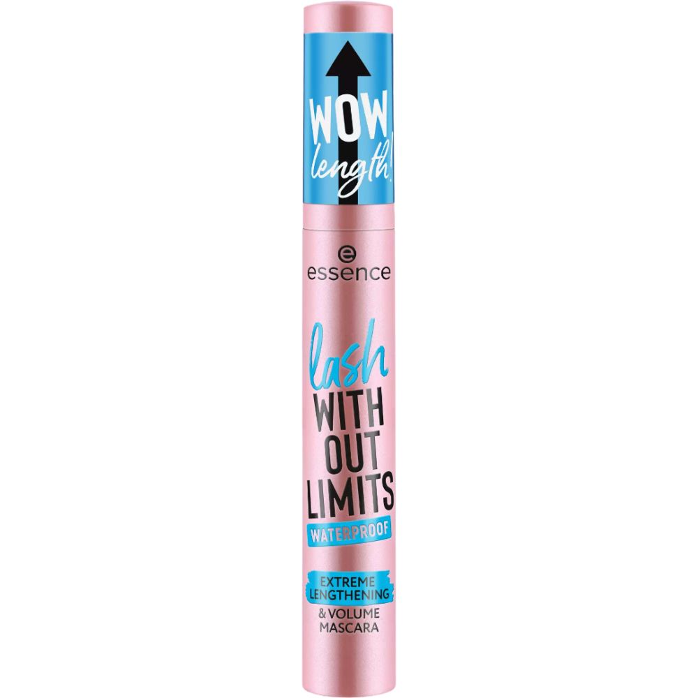 Tube de mascara rose avec texte bleu. Texte: WOW length, essence, lash WITH OUT LIMITS WATERPROOF, EXTREME LENGTHENING & VOLUME MASCARA.