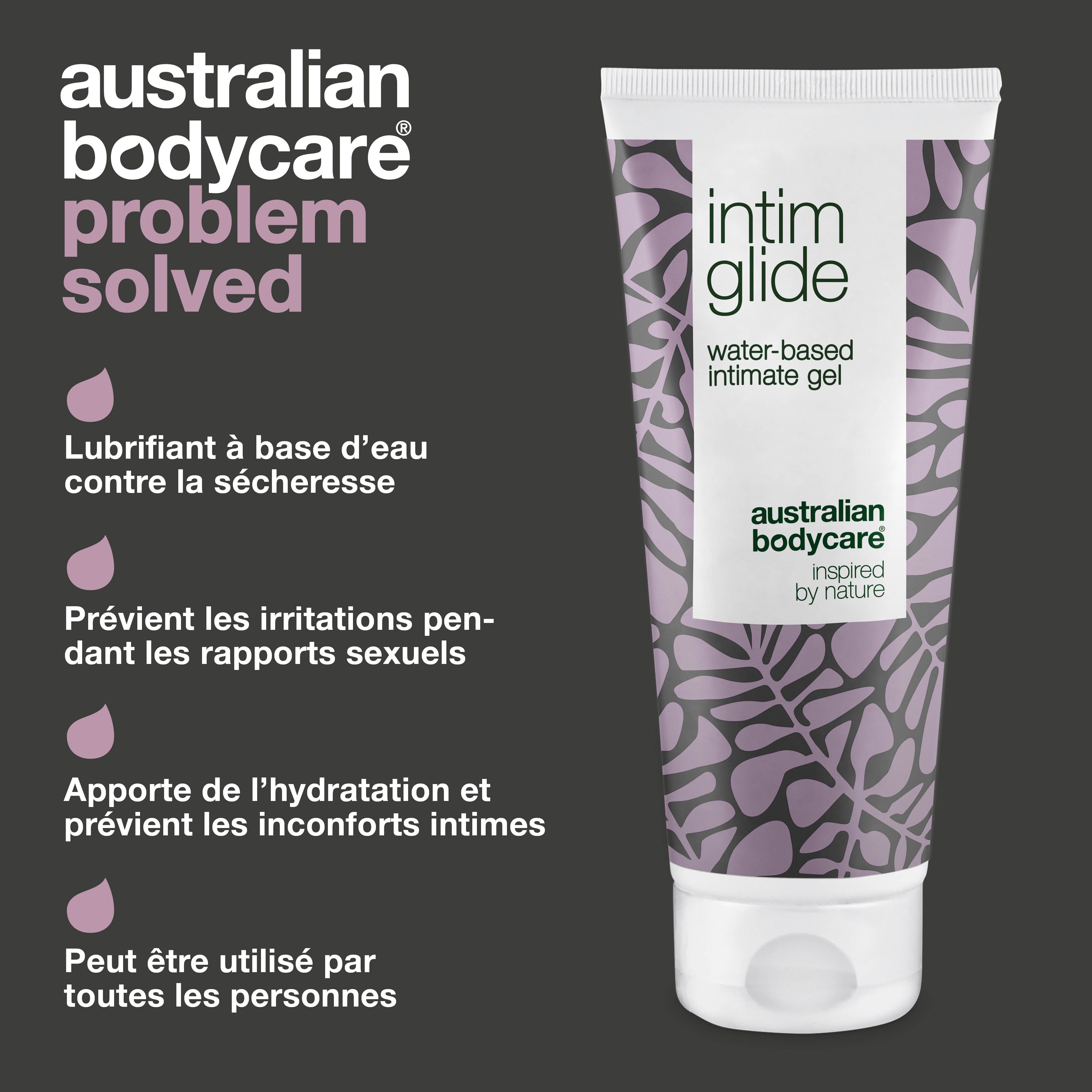 Comparaison: problème et solution. Gel intime. À base d'eau. Marque: Australian Bodycare. Fond violet.