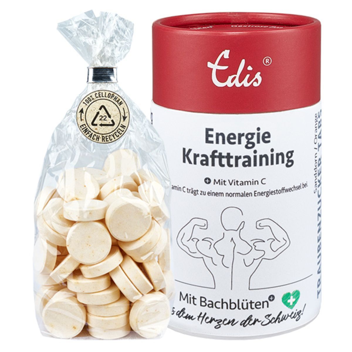 Twee verpakkingen: een zakje met tabletten, een koker. Op de koker staat 'Edis Energie Krafttraining' en 'Mit Bachblüten'.