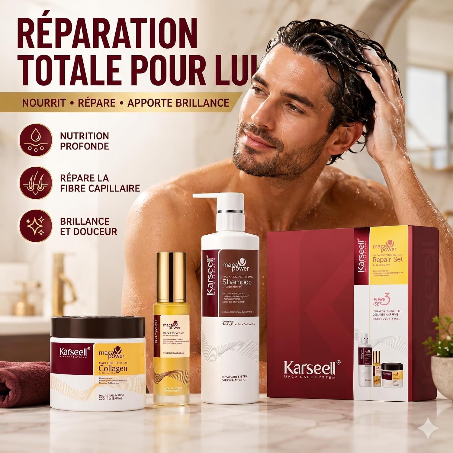 Ensemble de soins capillaires Karseell avec shampooing, masque au collagène et huile capillaire.
