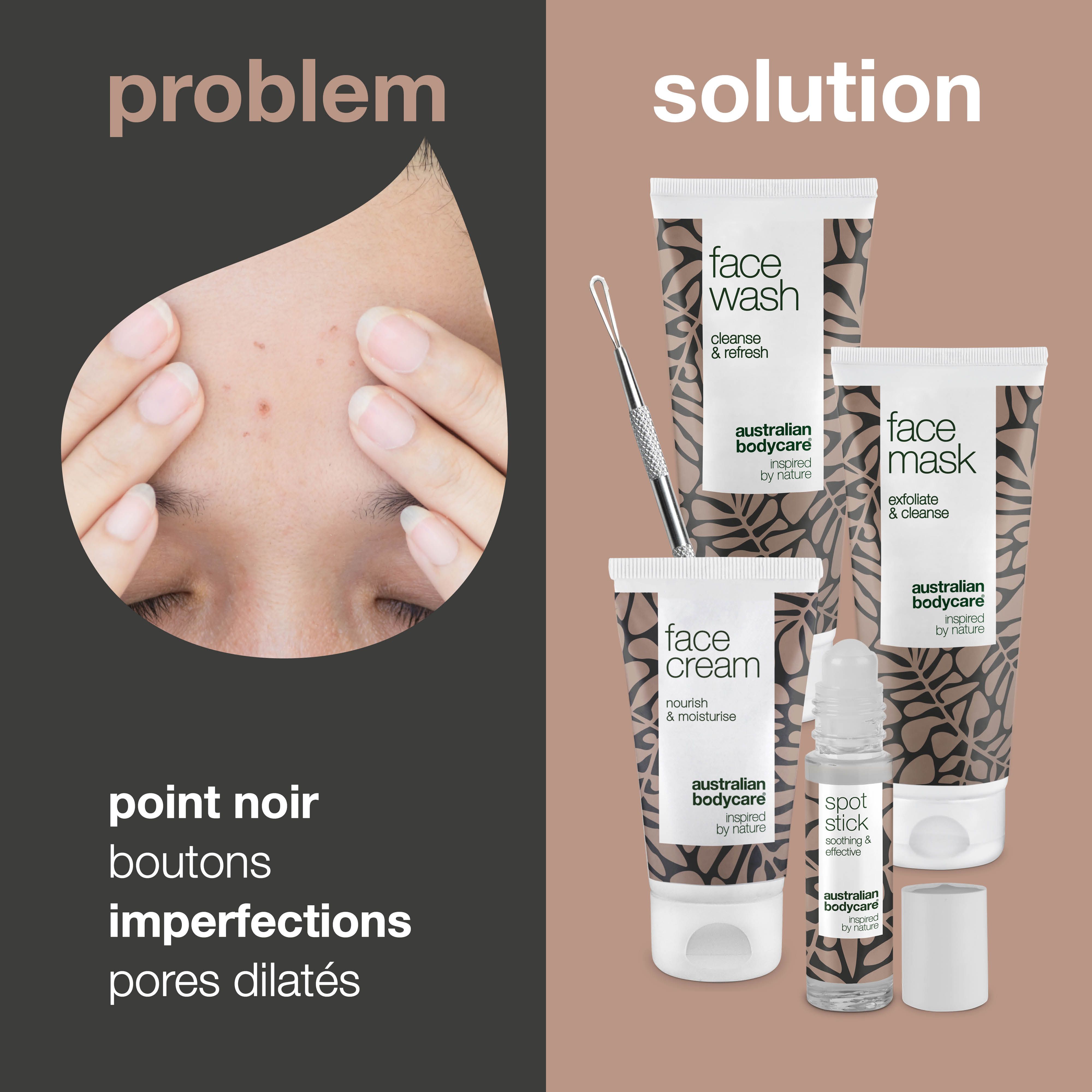 Concept problème-solution. Produits: nettoyant, masque, crème, stick et outil. Texte: Australian Bodycare.