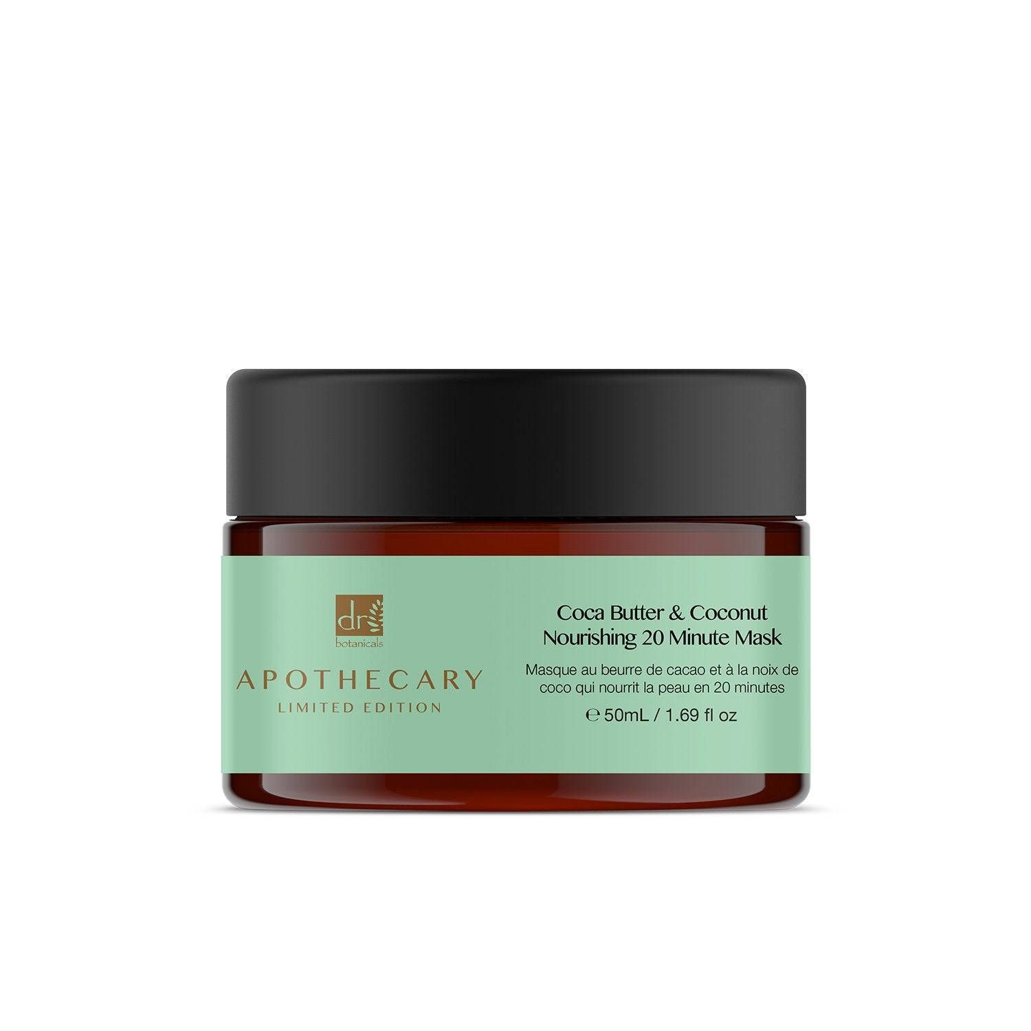 Bruine pot met zwart deksel en groen etiket. Opschrift: Cocoa Butter & Coconut Nourishing 20 Minute Mask.