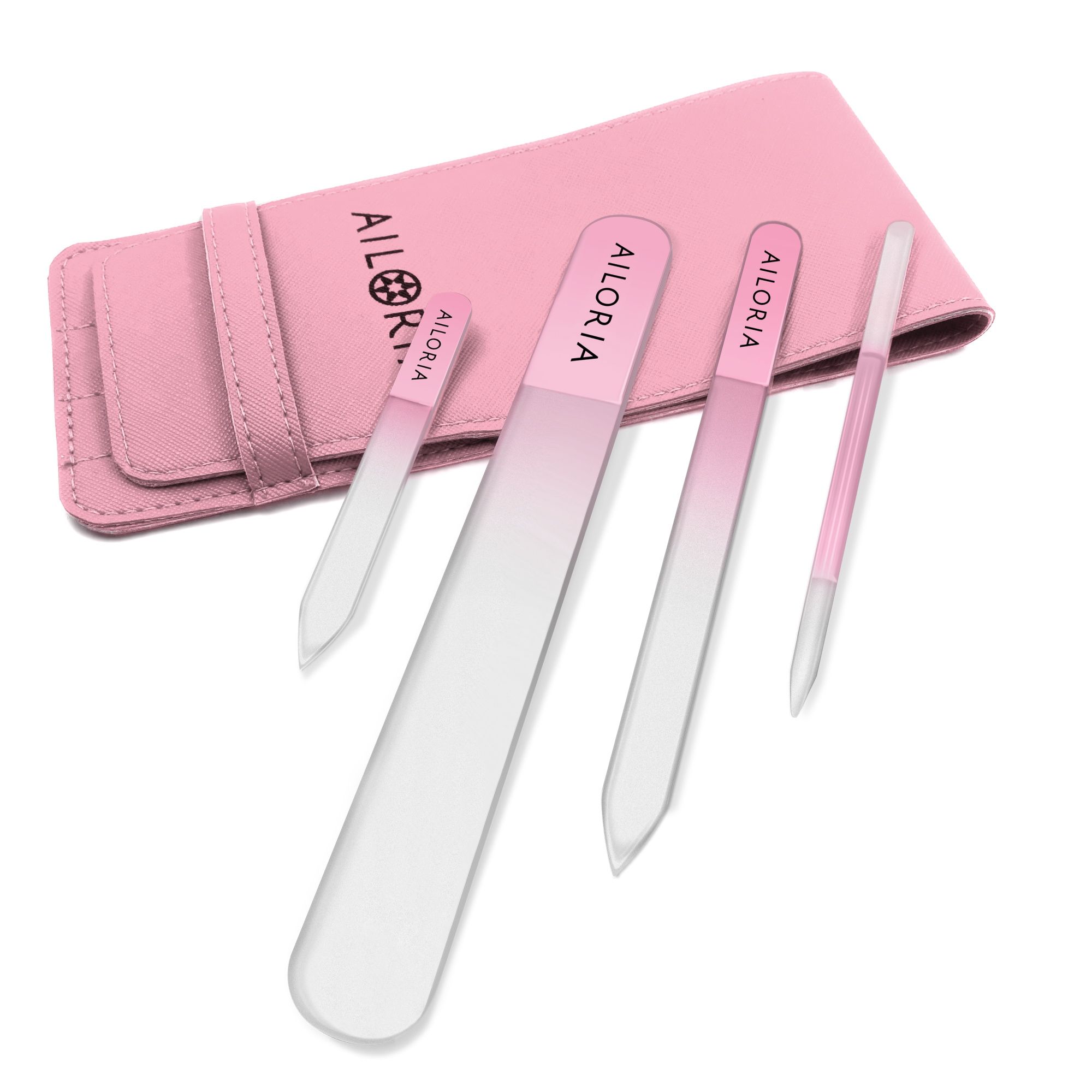 Nagelvijlenset met etui. Roze etui met logo. Vier glazen vijlen in verschillende vormen. Roze accenten met merknaam.