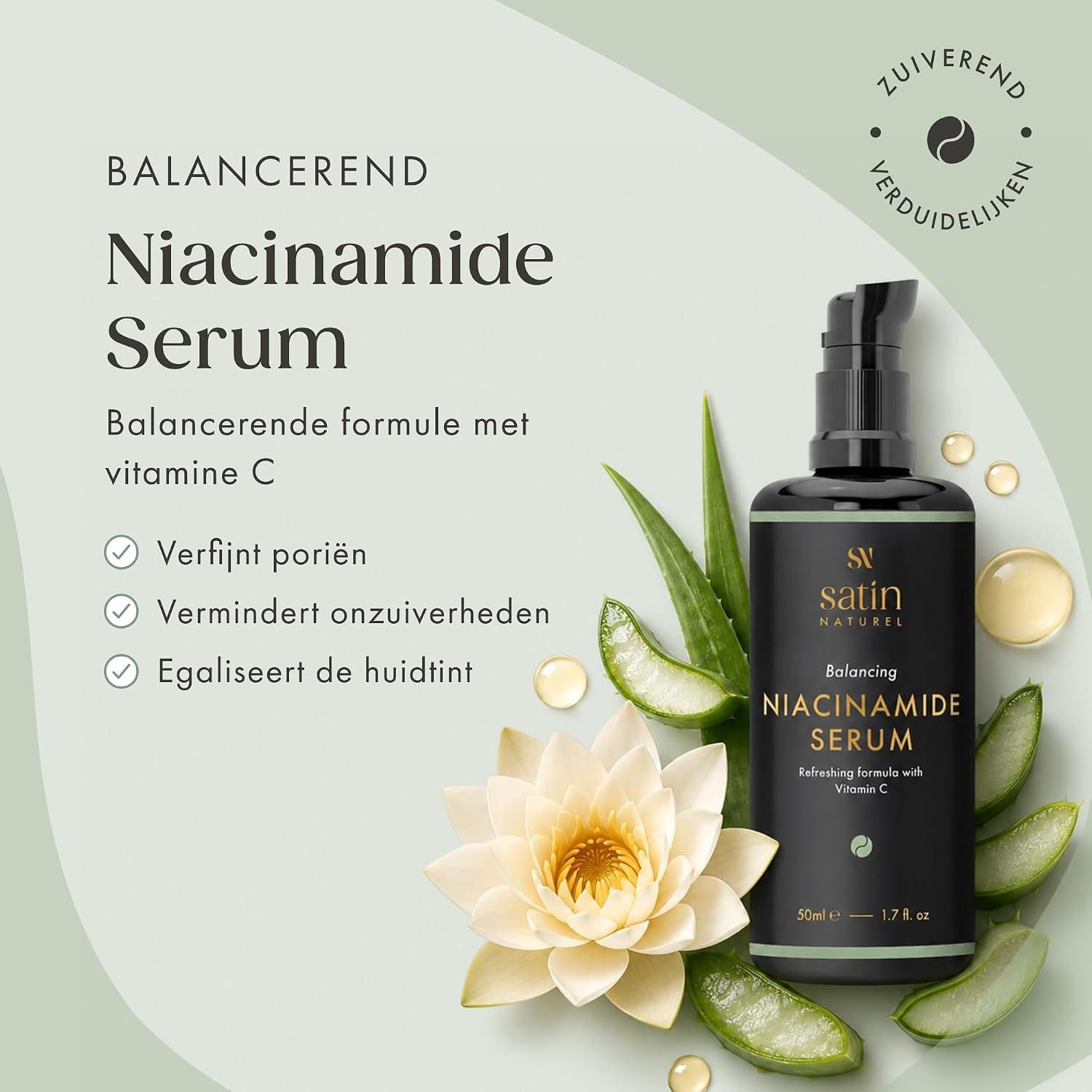 Niacinamide serum, verfijnt poriën, vermindert onzuiverheden.