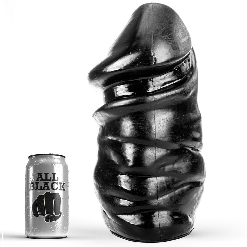 Zwarte geribbelde dildo naast een blikje met "ALL BLACK" logo.
