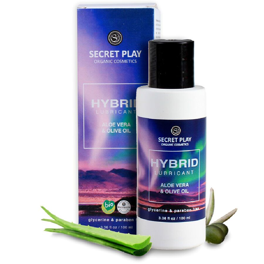 Bouteille de gel lubrifiant Secret Play "Organic hybrid" à l'Aloe Vera & Huile d'Olive. Avec tranches d'aloès et rameau d'olivier.