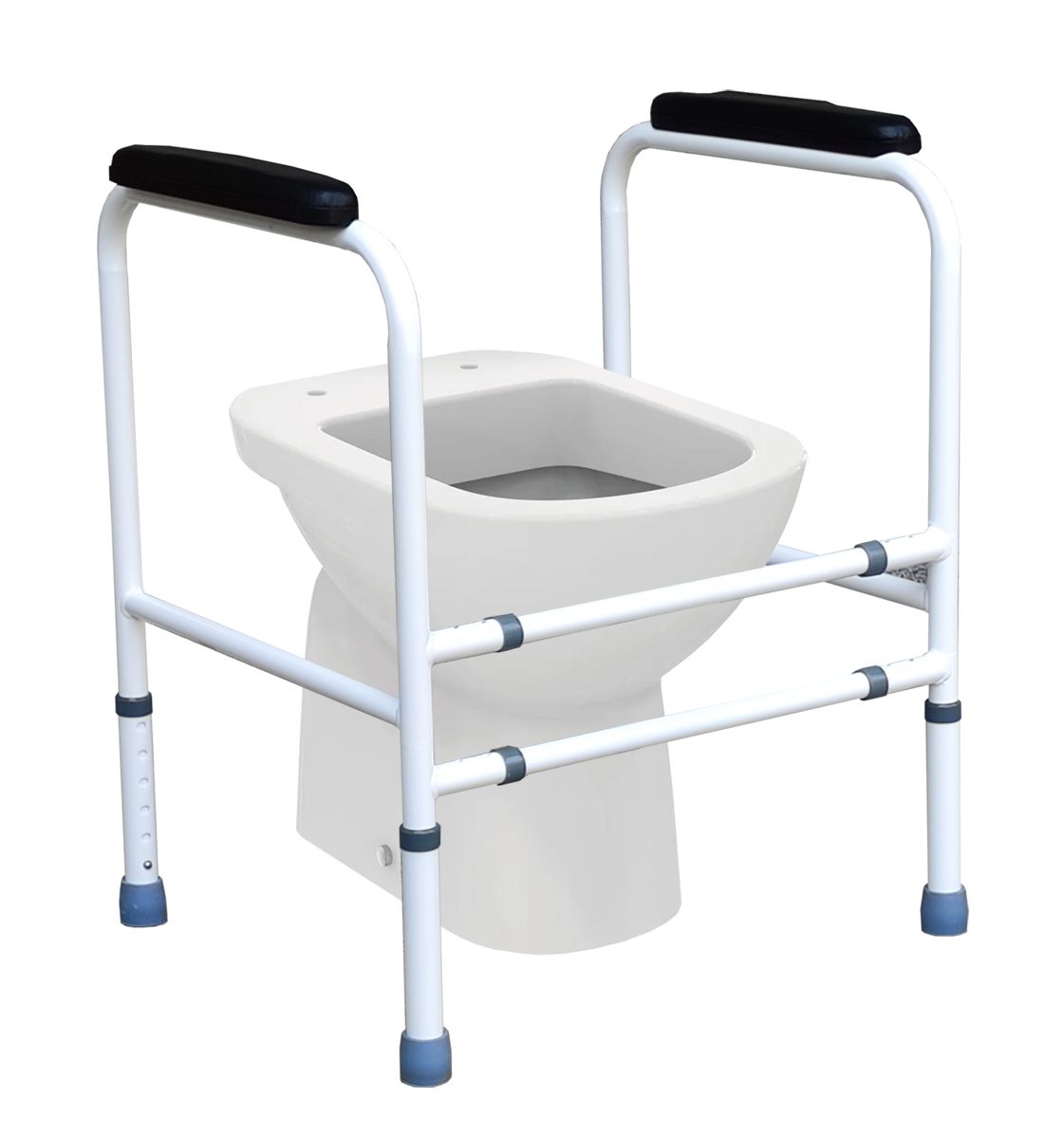 Toiletframe met armleuningen, wit metalen frame, zwarte armleuningen, gemonteerd op een toilet.