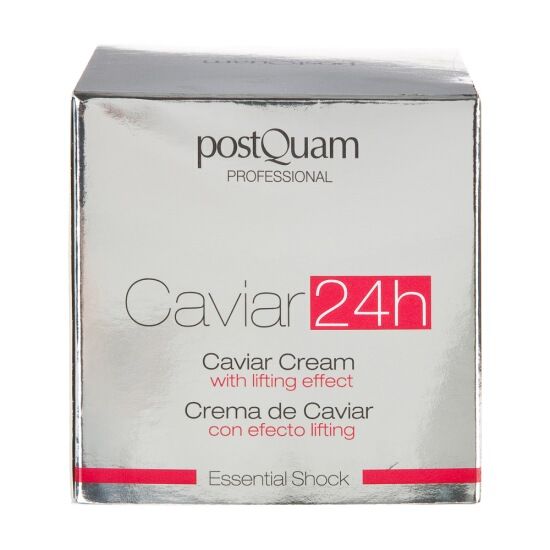 Zilveren verpakking met opschrift: Caviar 24h, Caviar Cream with lifting effect, Postquam Professional.