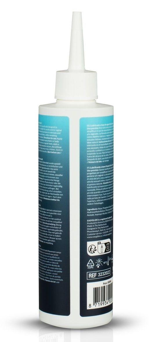 Dos d'un flacon avec bouchon blanc. Texte: Easyglide Waterbased Lubricant. Informations en plusieurs langues, dont le français et l'anglais.