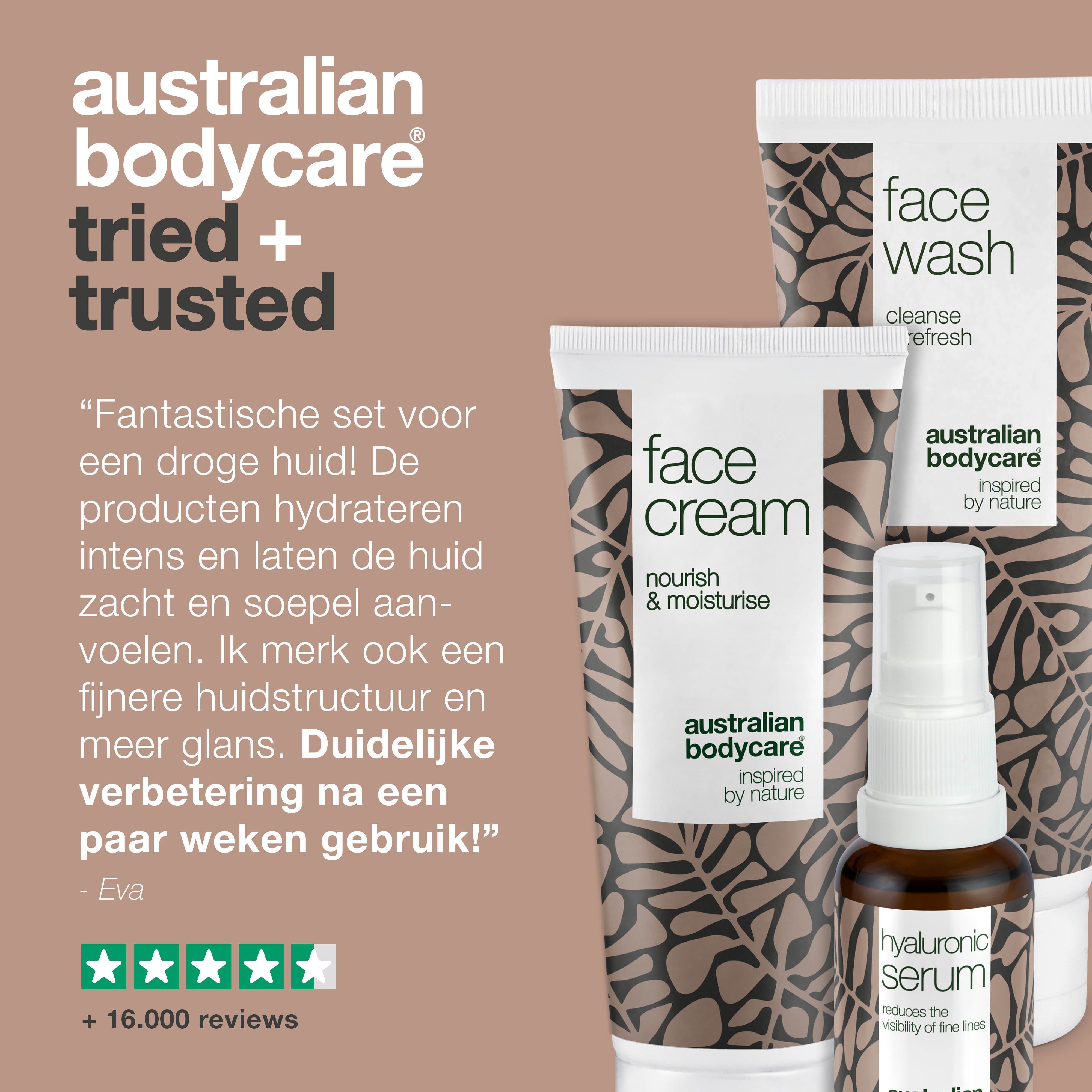 Gezichtscrème, gezichtswas en hyaluronzuurserum. Tekst: Ervaringsverslag en sterrenbeoordeling.