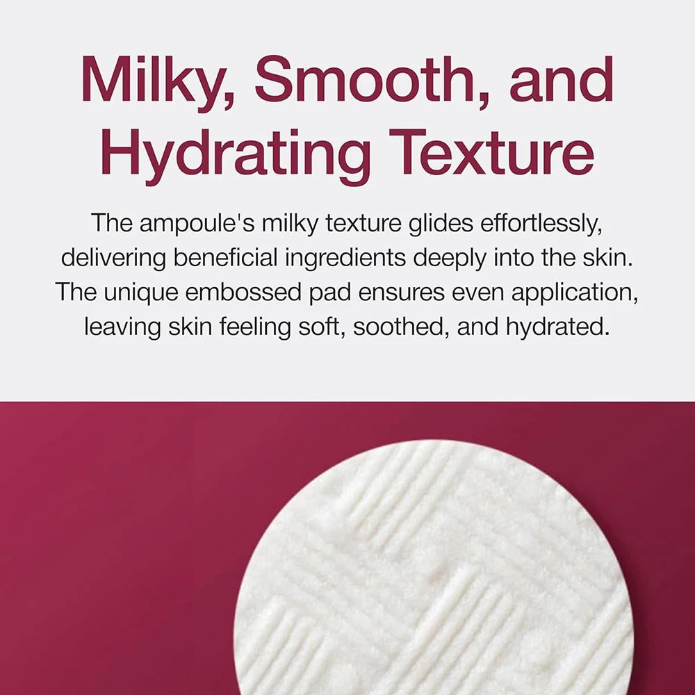 Texte sur la texture: Lactée, lisse, hydratante. Illustration de tampon. Inscription: Madeca Mela Capture Ampoule Pad.