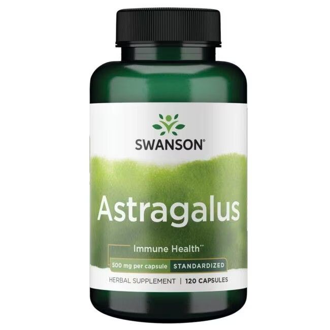 Groene fles met wit etiket. Opschrift: SWANSON Astragalus, 500 mg, 120 capsules. Zwarte dop.