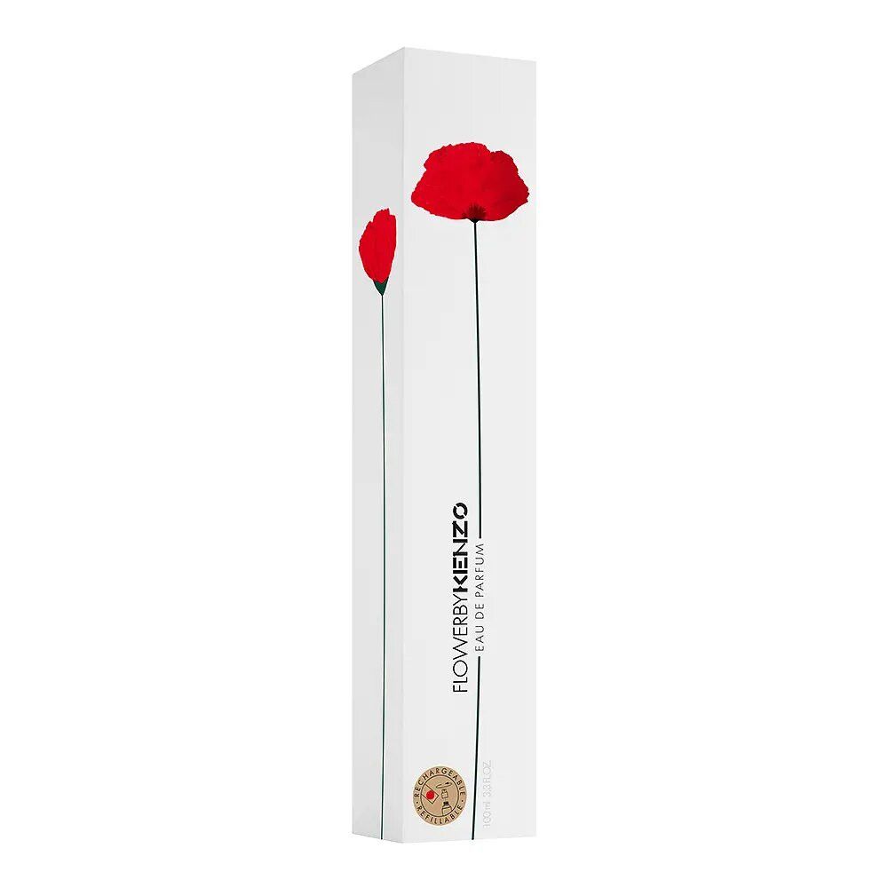 Witte parfumverpakking met rode klaprozen en de tekst "FlowerbyKenzo Eau de Parfum".