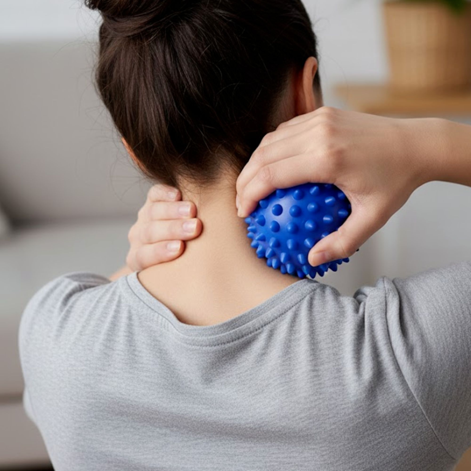 Persoon houdt blauwe massagebal met noppen op de nek. Grijs T-shirt. Close-up. Lichte omgeving.