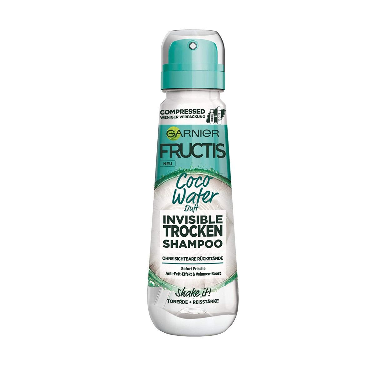 Flacon de shampooing sec Garnier Fructis. Blanc, bouchon turquoise. Texte: Coco Water, Invisible Trocken Shampoo.
