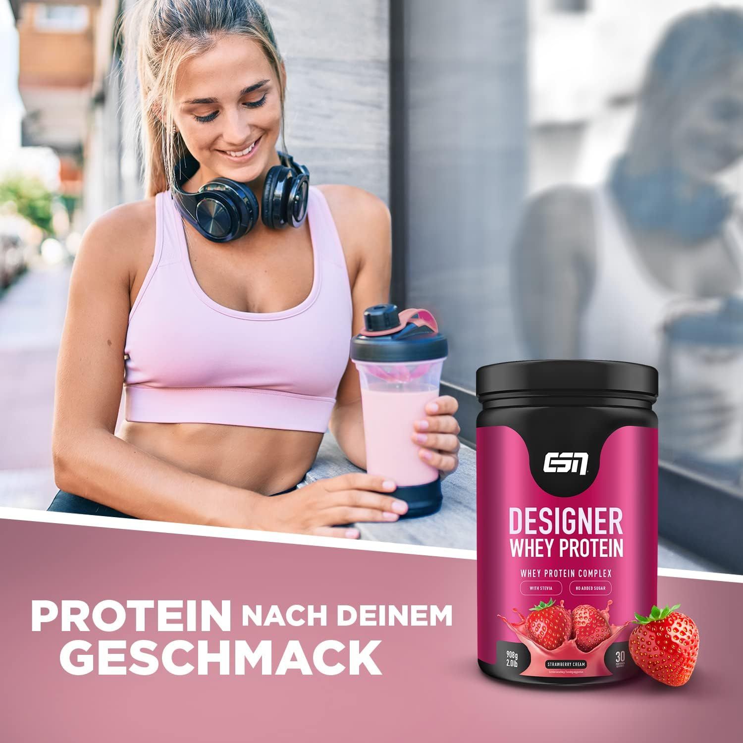 ESN Designer Whey Protein, Aardbei Crème. Vrouw met shaker en product. Tekst: Eiwit naar jouw smaak.