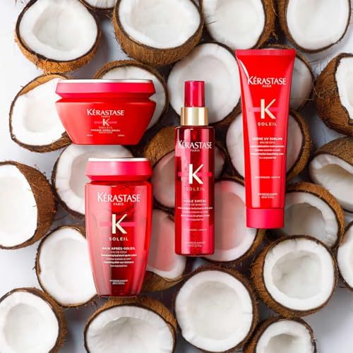 Kérastase Soleil productset met kokosnoten: fles, pot, spray, tube.