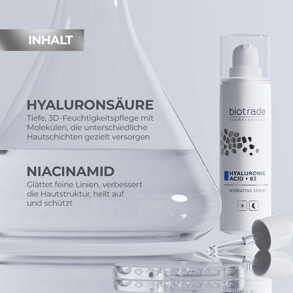 Sérum blanc avec pompe. Texte: Acide Hyaluronique + B3, Hydrating Serum. Ingrédients: Acide hyaluronique et niacinamide. Avec verre de labo.