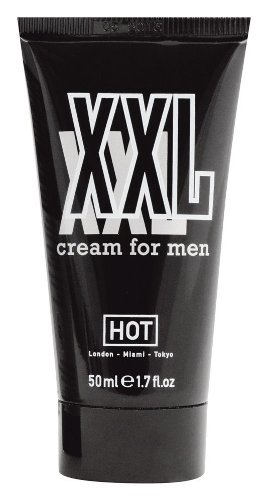 Zwarte tube met XXL Cream for men opschrift en HOT logo, 50ml.