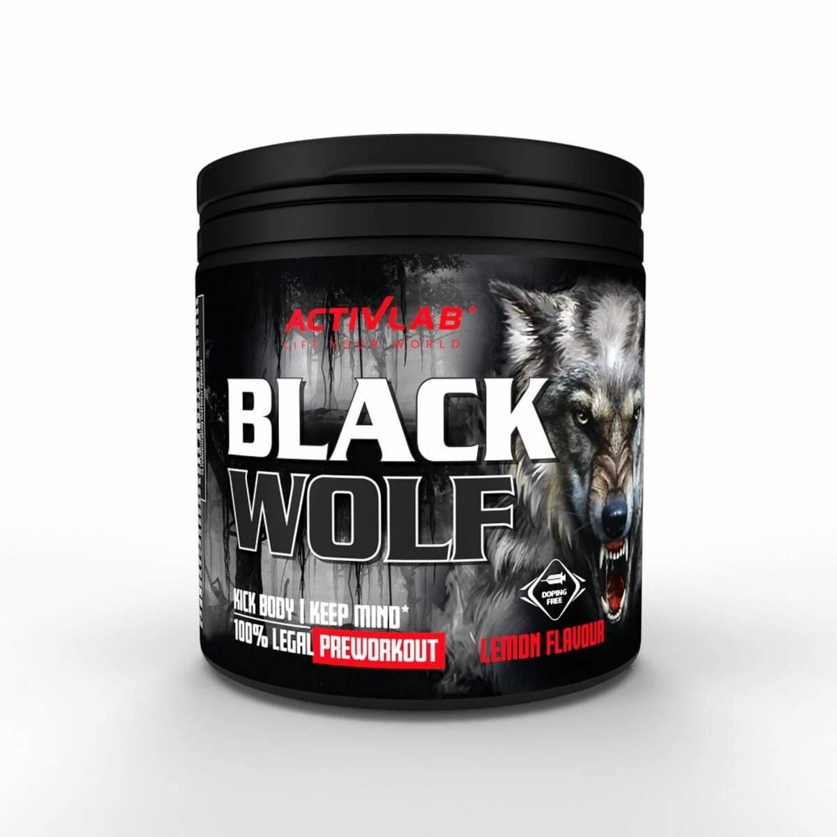 Boîte Activlab Black Wolf PreWorkout avec image de loup et informations produit.