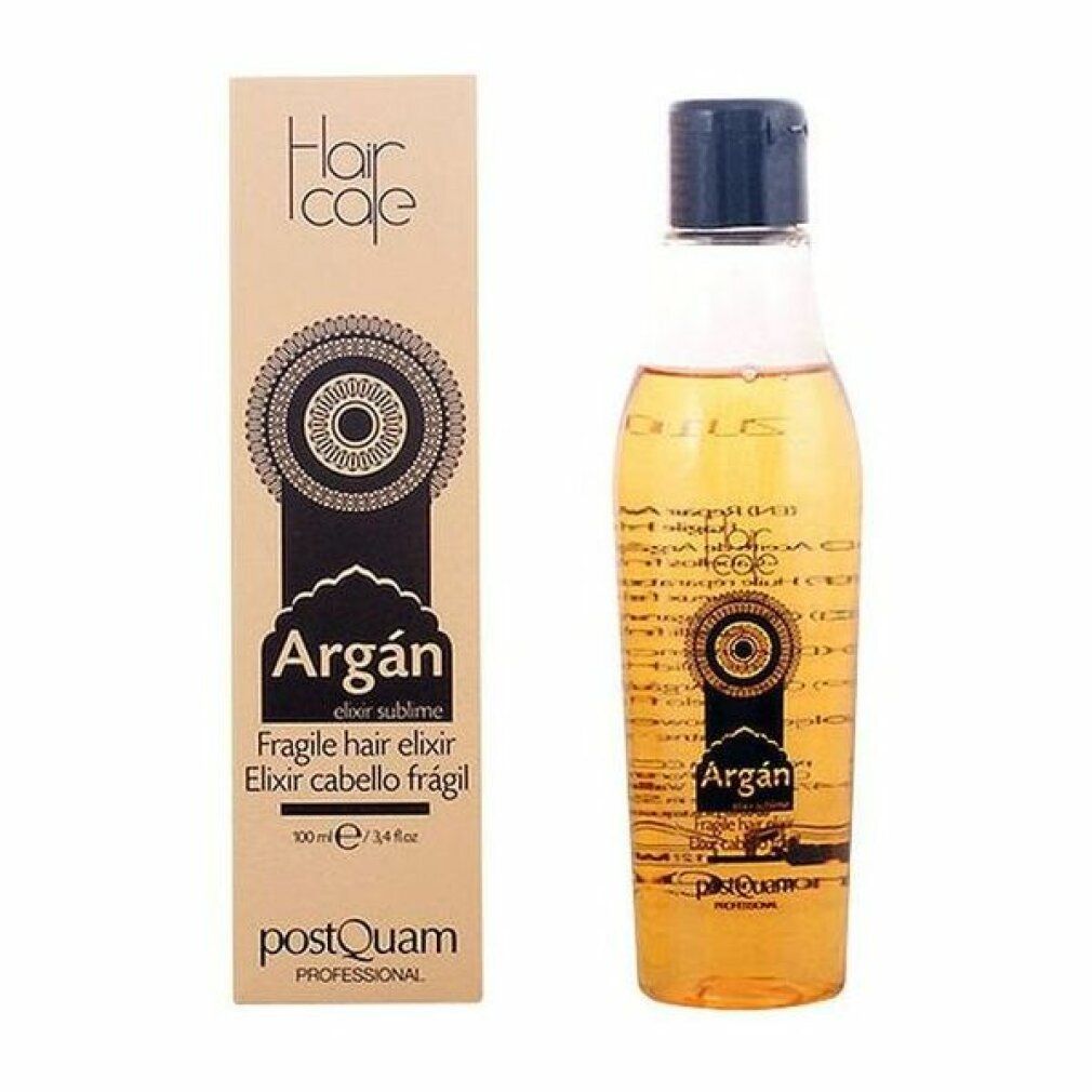 Fles en verpakking. Fles met gele olie, zwarte dop. Verpakking: Argán, Fragile hair elixir, PostQuam.