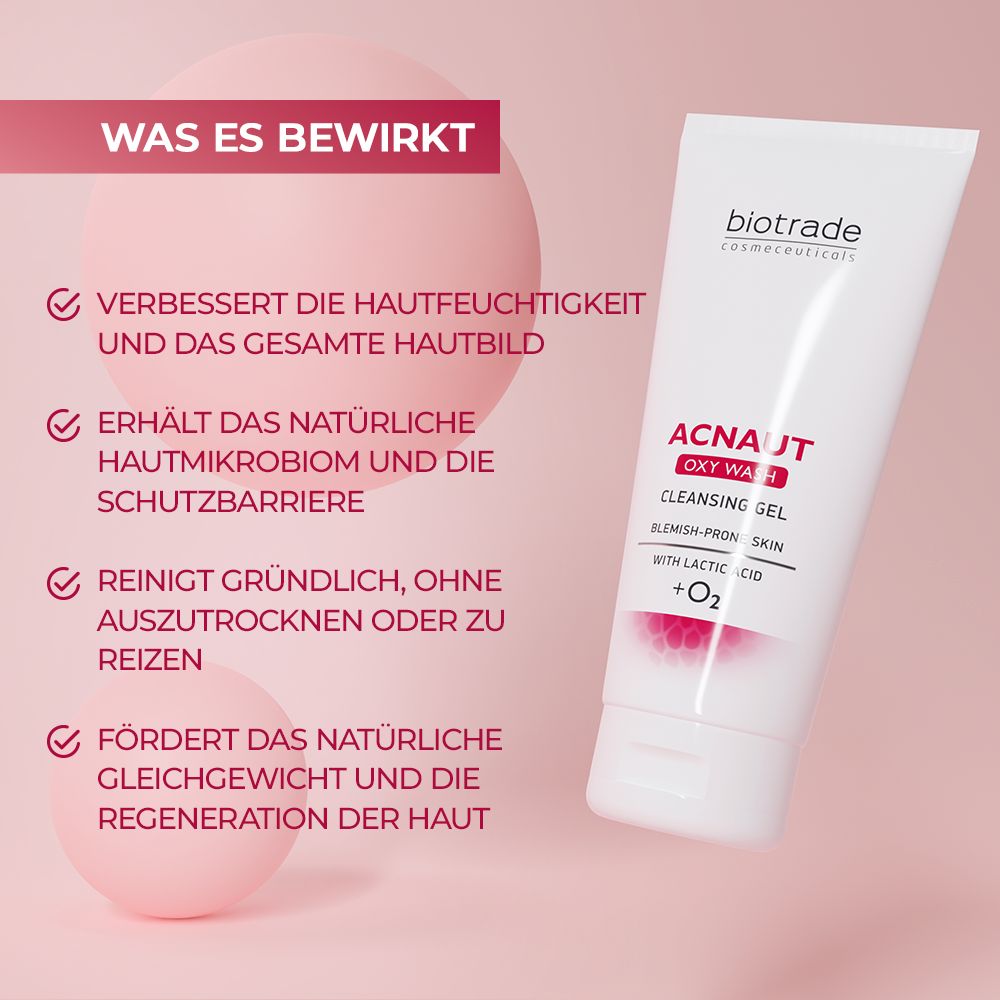 Tube de produit avec texte. Texte : Acnaut Oxy Wash Cleansing Gel. Sur fond rose avec des boîtes de texte.