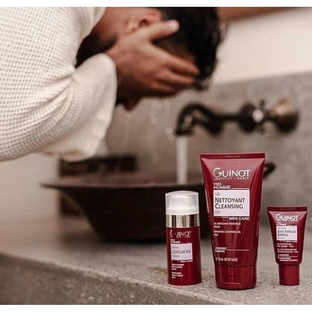 Drie producten op een oppervlak. Opschrift: Guinot, Trs Homme, Gel Nettoyant Cleansing, Anti-Fatigue Express.