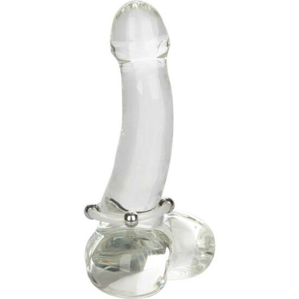 Dildo en verre transparent avec billes métalliques sur la tige. Base avec deux billes.