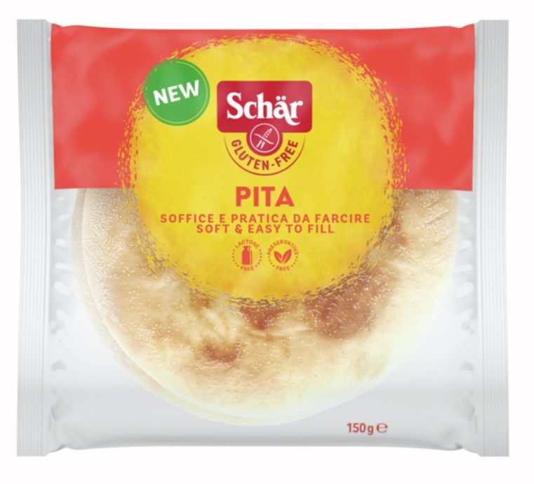 Paquet de pitas Schär. Sans gluten. Autocollant rond jaune avec texte. Emballage rouge et blanc. 150g.