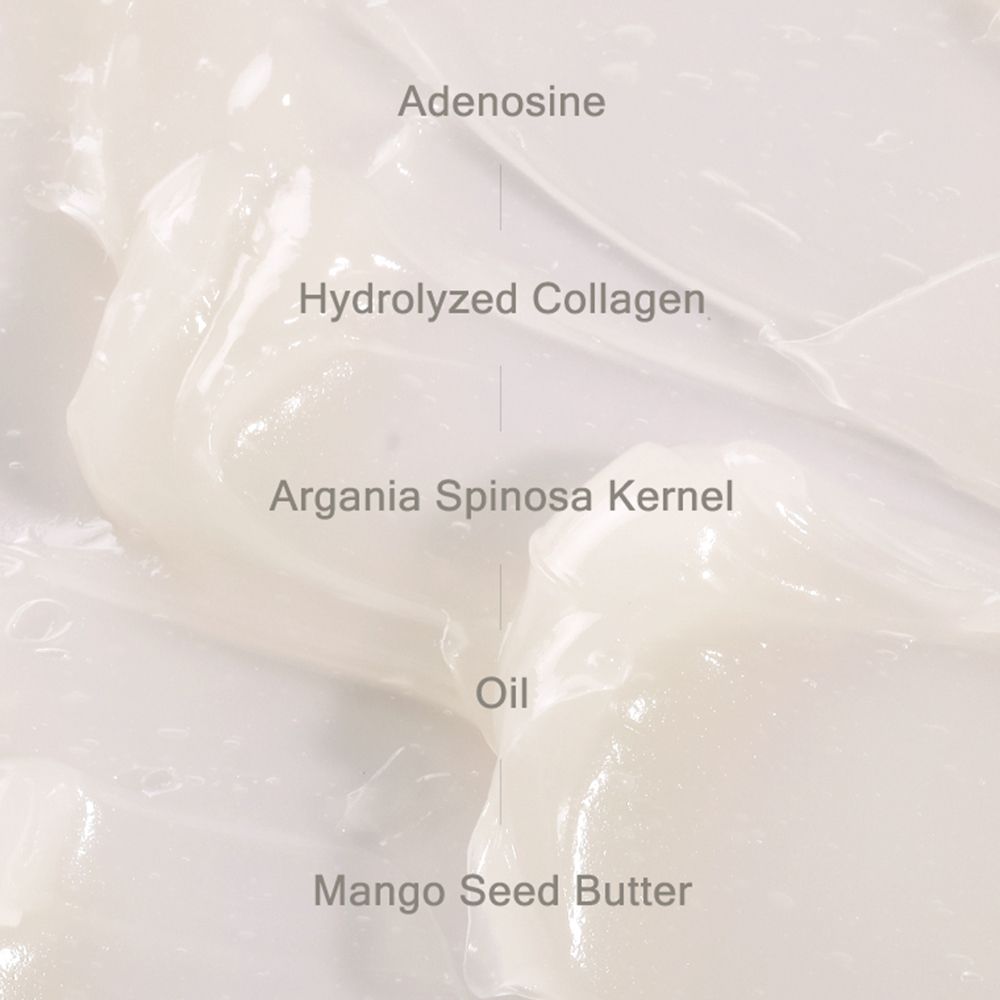 Close-up van crème met tekst: Adenosine, Hydrolyzed Collagen, Argania Spinosa Kernel Oil, Mango Seed Butter.