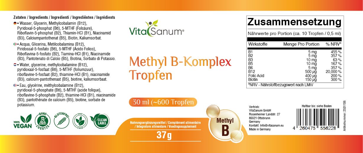 Etiket met productnaam, logo en ingrediënten. Oranje strook met tekst. Veganistisch zegel. Druppels.